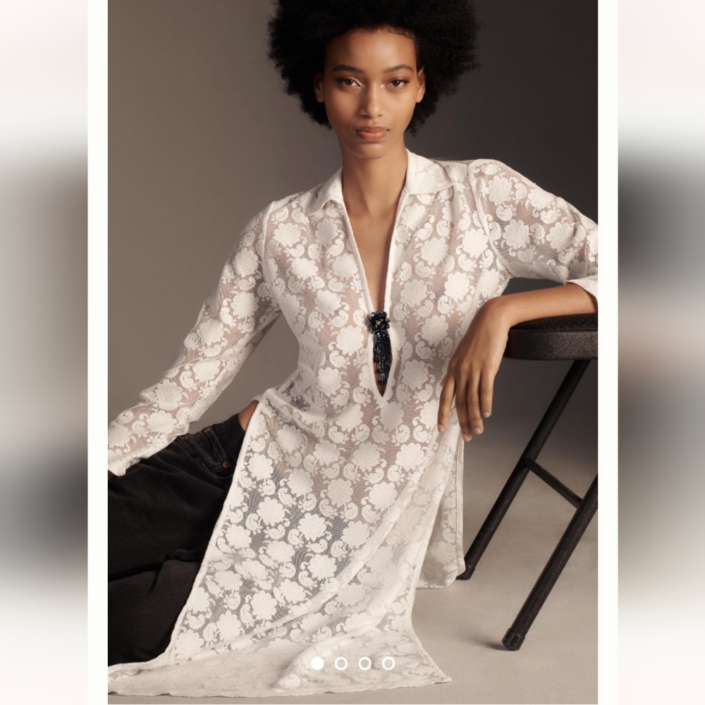 NEW Anthropologie Long-Sleeve Sheer Lace Pullover Top Ivory Womens Size SMALL